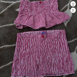 Edikted red white gingham mini skirt crop top set smocked peplum tube strapless